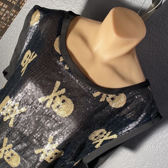 FASHION EXIT - vest tank: black sequins w gold sequin skulls, sheer rear - L - Picture 9 of 16